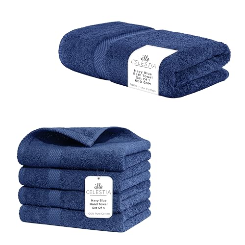 Navy 100% Cotton Towel Set - Soft, Quick-Dry, Absorbent, OEKO-TEX Certified - 5-Piece Bundle