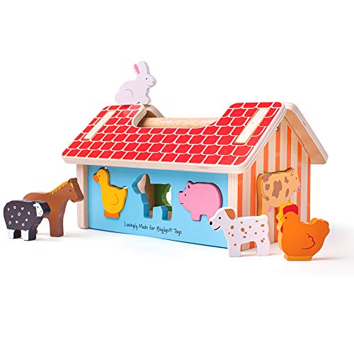 Bigjigs Toys Wooden Shape Sorter - Develops Dexterity, Safe Non-Toxic Paints - 8 Farm Animals