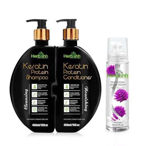 Herbishh Keratin Shampoo & Conditioner Set - Deep Nourishing, Plant-Based Care - 60ml Hair Oil