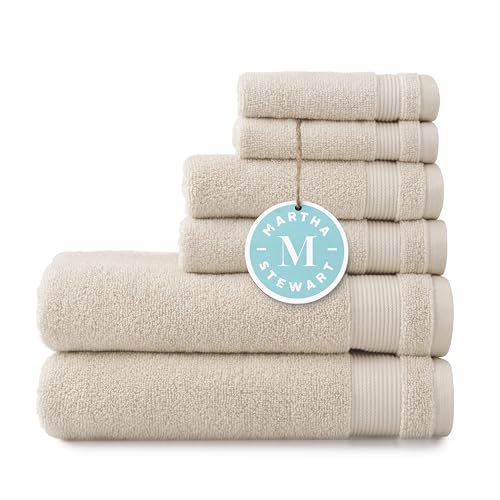 Martha Stewart 100% Cotton Bath Towel Set - Soft, Absorbent, Oeko-Tex Certified - 6 Pieces, Beige