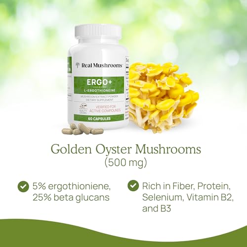 Real Mushrooms L-Ergothioneine Mushroom Supplement - Immune & Brain Support, Organic - 60ct