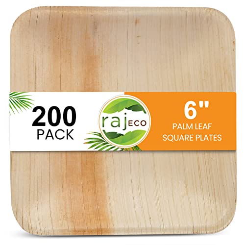 Raj Palm Leaf Plates - Unique 6" Square Disposable Dinnerware, Non-Toxic, Compostable - 200 Pack