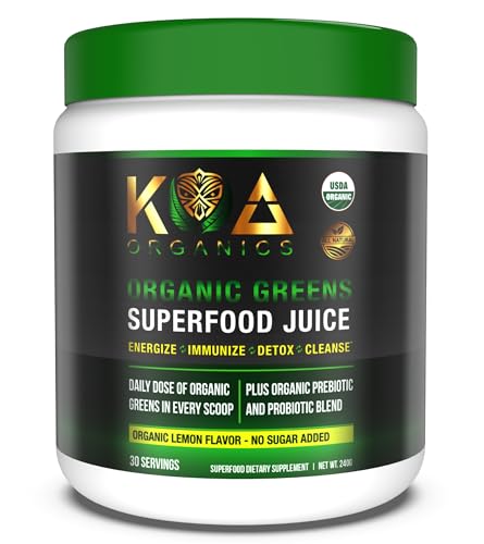 KOA Organics Greens Superfood Juice Powder - Organic Energy & Gut Health - Lemon Flavor - 30 Serv