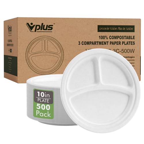 Vplus 10-Inch Compostable Paper Plates - Heavy-Duty, 3 Compartments, 500 Pack, Made from Sugar Cane