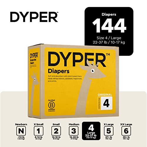 DYPER Baby Diapers Size 4 - Hypoallergenic, Plant-Based Ingredients, Soft & Absorbent - 144 Count