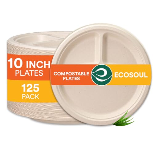 ECO SOUL Compostable Bagasse Plates - Sturdy, 3 Compartment, Biodegradable - 125 Count, 10"