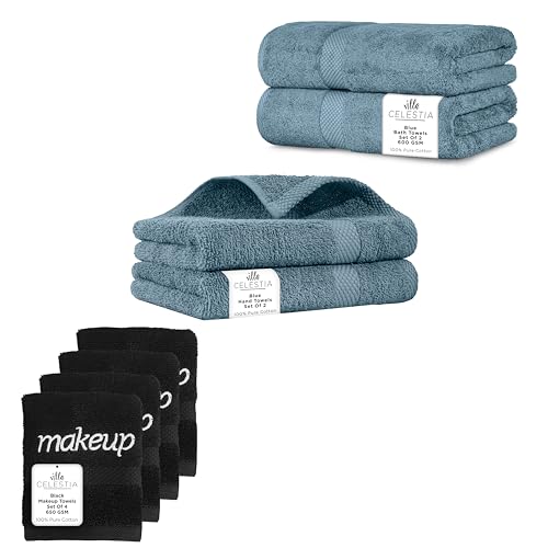 Premium 100% Cotton Towel Set - Soft, Highly Absorbent, Quick Dry - 8 Pack, Blue & Black