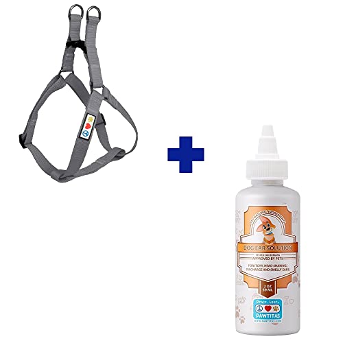 Pawtitas Pet Care Bundle - Large Dog Harness & 100% Natural Ear Cleaner for Comfort - Grey