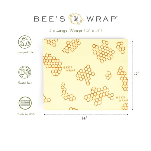 Bee's Wrap Reusable Beeswax Food Wraps - Organic Cotton, Non-Toxic, 3 Large Honeycomb Wraps