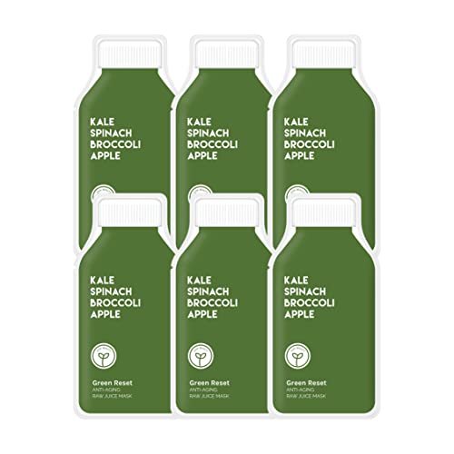 ESW Beauty Raw Juice Sheet Mask - Anti-Aging with Kale & Spinach, Vegan, 5-Pack