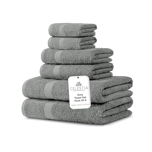 Villa Celestia Towel Set - Super Soft, Highly Absorbent, Chemical-Free - 6-Piece Grey Set