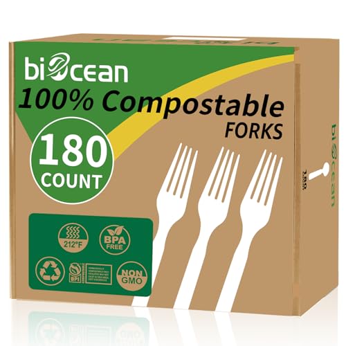 Biocean Compostable Forks - Heavy-Duty, Biodegradable, Dishwasher-Safe - 180 Count, Ivory White