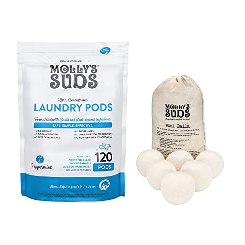 Molly's Suds Laundry Detergent Pods & XL Wool Dryer Balls - Gentle, Biodegradable, 120 Loads