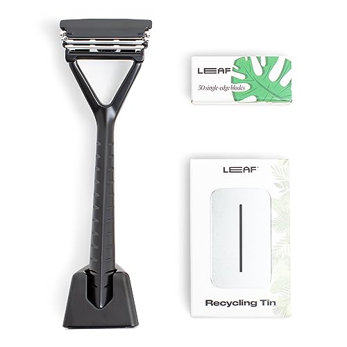 Leaf Shave Razor Set - Close Shave, All-Metal, Blade Recycling Tin, 50 Steel Blade Refills