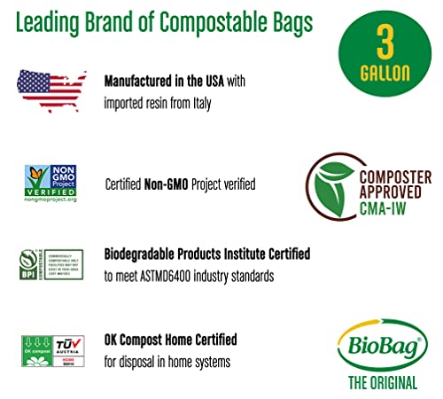 BioBag Compost Bag - 100% Certified Food Scrap Bags, 3 Gallon, Fits Kitchen Compost Bins - 100 Count