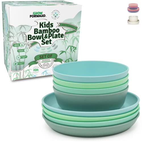 Grow Forward Bamboo Kids Plate & Bowl Set - Safe, Durable, Biodegradable - 8 Pieces