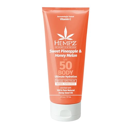 Hempz Body Sunscreen SPF 50 - Hydrating with Hemp Seed Oil, Reef Safe, Vegan - 6oz Pineapple Melon