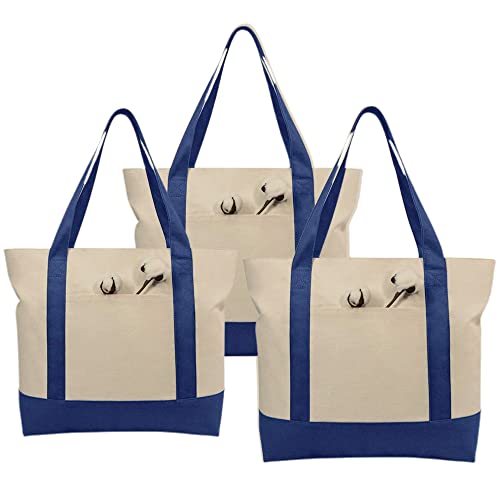 Simpli-Magic Canvas Tote Bag - Durable with Top Zipper, External Pocket, 3 Pack, 20"x15"x6"