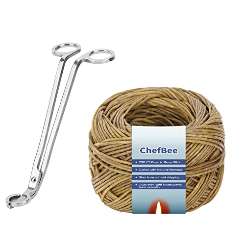 CHEFBEE Candle Wick Trimmer & 100% Organic Hemp Wick - Cleaner Burns, Less Soot - 200 FT