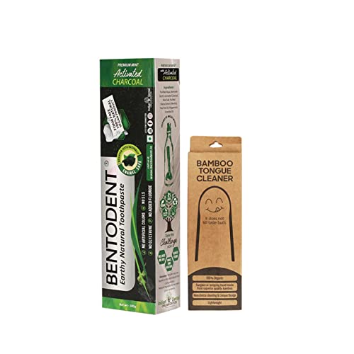 BENTODENT Organic Charcoal Toothpaste & Bamboo Tongue Cleaner - Detox, Fluoride-Free - 3.52oz