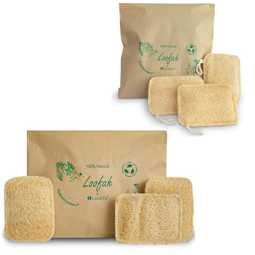 Natural Loofah Sponge Set - Biodegradable and Durable for Dishes & Exfoliating - 6 Pack