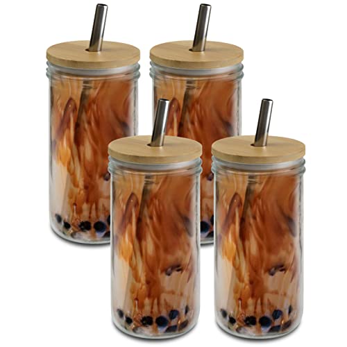 Brimley 20oz Glass Boba Cup with Bamboo Lid - Reusable Drinkware, Includes Straws - 4 Pack