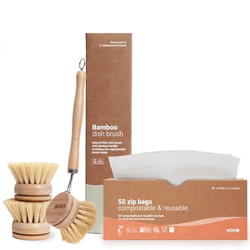 Vove Kitchen Cleaning Starter Set - Natural Bamboo Brush & Plant-Based Zip Lock Bags - 3 Heads