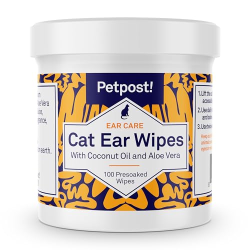 Petpost Cat Ear Cleaner Wipes - Soft Cotton Pads with Coconut Oil, Gentle Ear Care - 100 ct