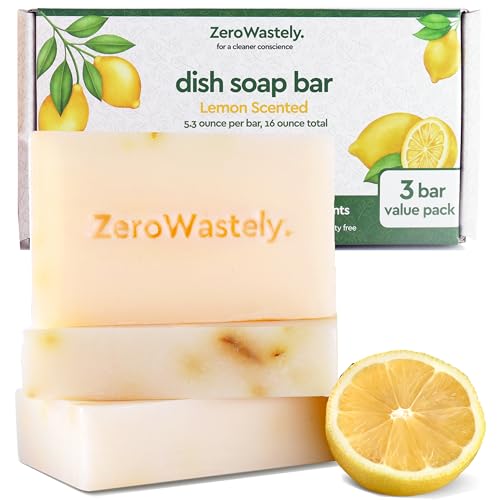 ZeroWastely Dish Soap Bar - Long Lasting, Skin Friendly, Lemon Scent - 3 Pack, 16oz Total