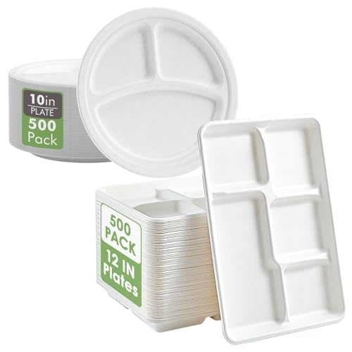 Vplus 5 & 3 Compartment Plates - Biodegradable, Sturdy Design for Meals & Snacks - 500 Pack