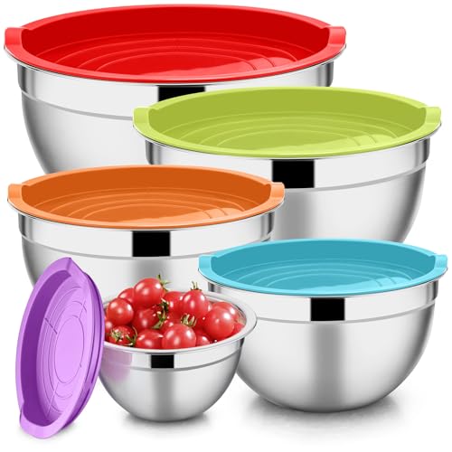 E-far Stainless Steel Mixing Bowls Set - Non-toxic, Airtight Lids, Nesting Design - 5 Sizes