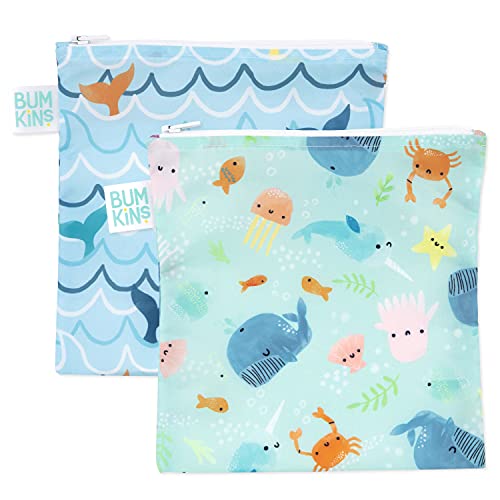 Bumkins Food Storage Bags - Washable, Waterproof, BPA-Free, Large 2-Pack Blue Ocean Life