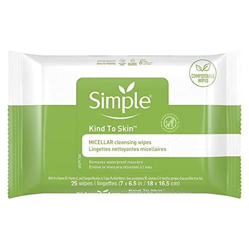 Simple Kind to Skin Micellar Wipes - Gentle Makeup Removal, Hydrating & Dermatologist Tested - 25 ct