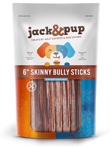 Jack&Pup Dog Treats - All Natural 100% Beef, Supports Oral Health - 6" Skinny Bully Sticks, 50 Pack