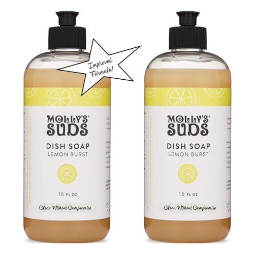 Molly's Suds Liquid Dish Soap - Powerful Plant-Based Clean, Herbal Lemon Scent - 16oz, 2 Pack