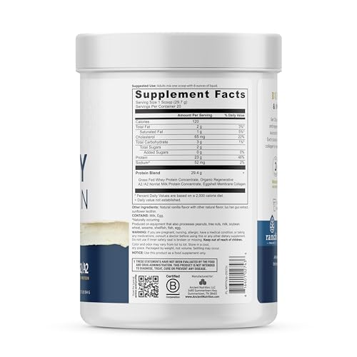 Ancient Nutrition Grass Fed Whey Protein - 23g Protein, A2 Milk, Collagen for Joint Health - Vanilla