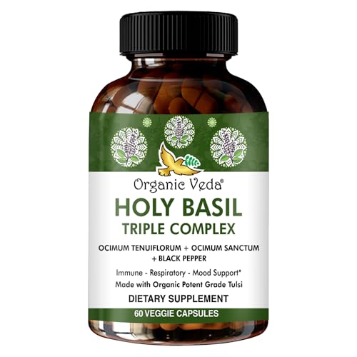 Organic Veda Holy Basil Capsules - Supports Immunity, Respiratory Health - Vegan, Non-GMO - 60 Count