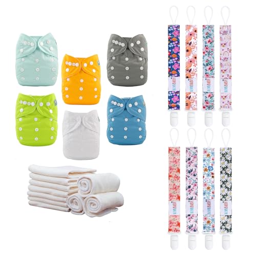 Baby Cloth Diapers 6 Pack with 12 Inserts - Adjustable, Reusable, Waterproof - 15” x 13”