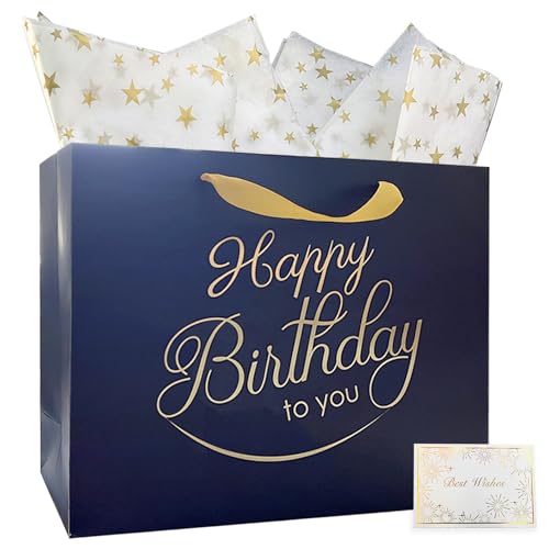 AMROSE Gift Set for Women - Large Recyclable Birthday Bag with Card & Tissue - Navy