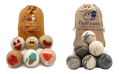 Fluff Ewes Wool Dryer Balls - Natural Fabric Softener, Hypoallergenic, 12 Pack - Marble/Summer