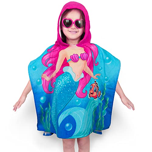 Softerry Mermaid Hooded Poncho Towel - 100% Cotton, Quick-Dry for Kids 2-7 Years - 28 x 47 inches