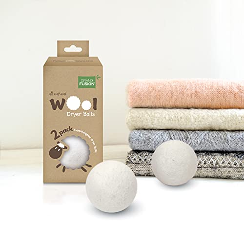 Grand Fusion Wool Dryer Balls - Reduce Wrinkles & Drying Time, Natural Wool - Pack of 2