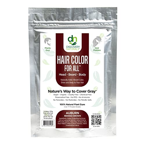 Discovery Naturals Brown Henna Hair Dye - Permanent Gray Coverage, Vegan & Organic - 100g