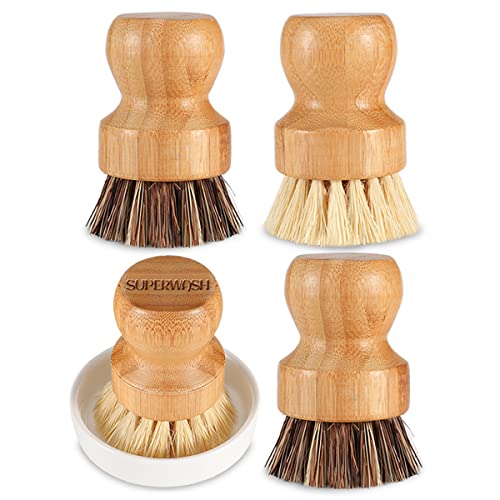 SUPERWASH PLUS Kitchen Scrubber Set - Durable Bamboo Brushes for Pots, Dishes & Veggies - 4 Pack