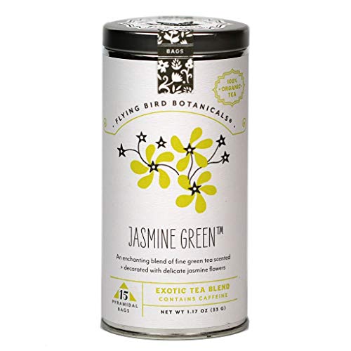 Flying Bird Botanicals Jasmine Green Tea - Fair Trade, Organic, Reusable Tin - 15 Bags