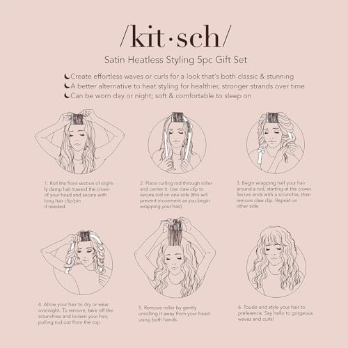 Kitsch Satin Heatless Curl Set - Voluminous Curls, No Hair Damage - 5pc, Champagne