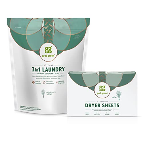 Grab Green Laundry Detergent Pods & Dryer Sheets - Natural Clean, Vetiver Scent - 60 Pods, 80 Sheets