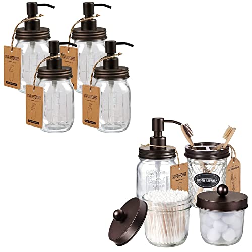 Rustic Bathroom Accessories Set - Durable Soap Dispenser & Mason Jars, 16oz, 4PC Bundle