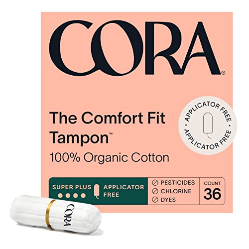 Cora Organic Cotton Non-Applicator Tampons - Ultra-Absorbent, Hypoallergenic, 36 Count