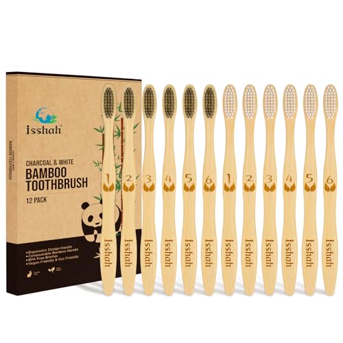 Isshah Natural Bamboo Charcoal Toothbrushes - Durable, FSC Certified, PETA Approved - 12 Count